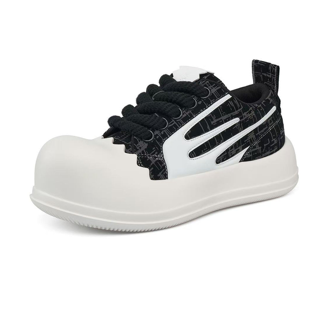 AstroPod 3M Reflective sneaker with black patterned uppers, white side accents and off-white soles, viewed from the front and outer side with the toe pointing left.