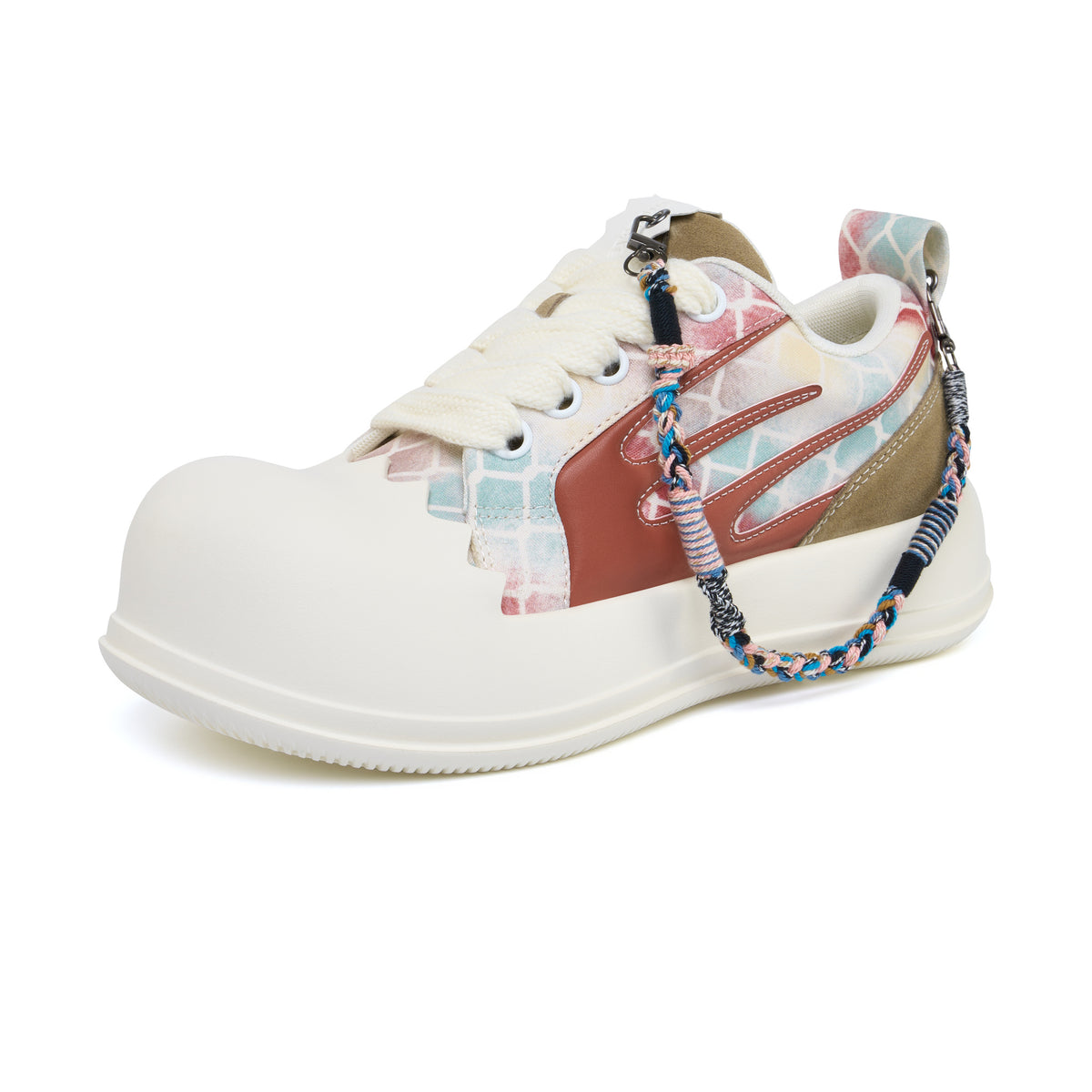 AstroPod Babyface Ray Wavy sneaker with pastel-patterned uppers, brown side accents and white soles, viewed from the front and outer side with the toe pointing left, with a braided cord draped along the side.