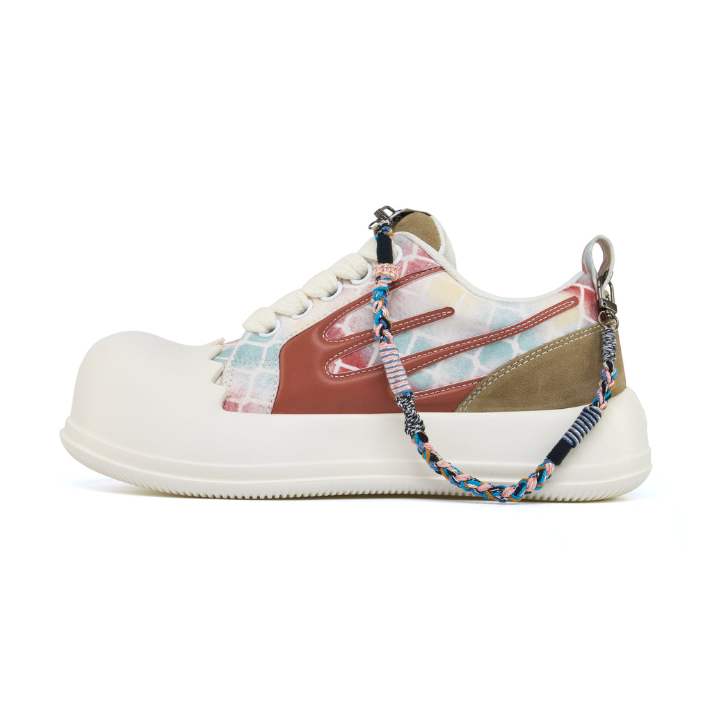 Outer side of the AstroPod Babyface Ray Wavy sneaker with pastel-patterned uppers, brown side accents and white soles, showing the braided cord.