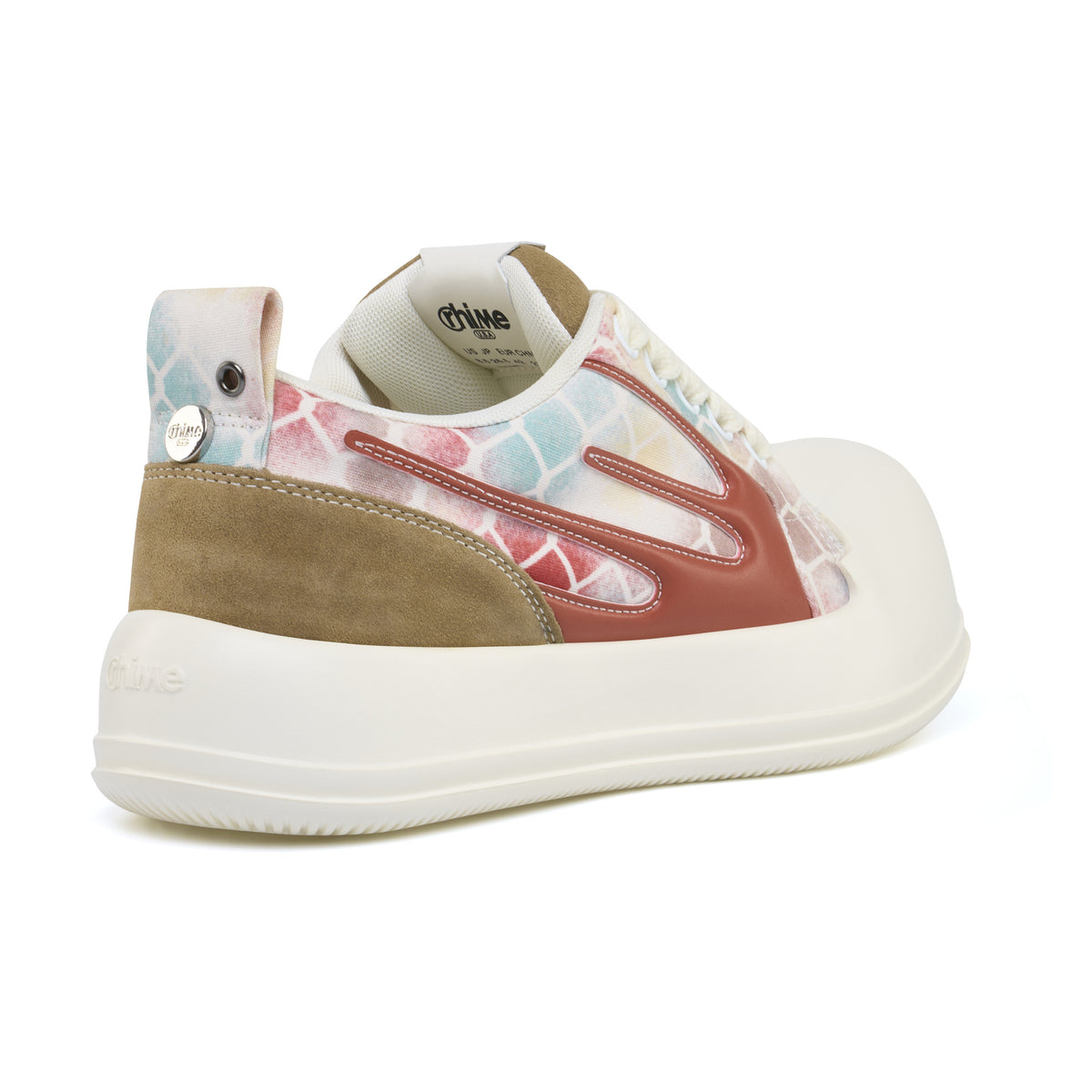 AstroPod Babyface Ray Wavy sneaker with pastel-patterned uppers, brown side accents and white soles, viewed at an angle from the heel and side.