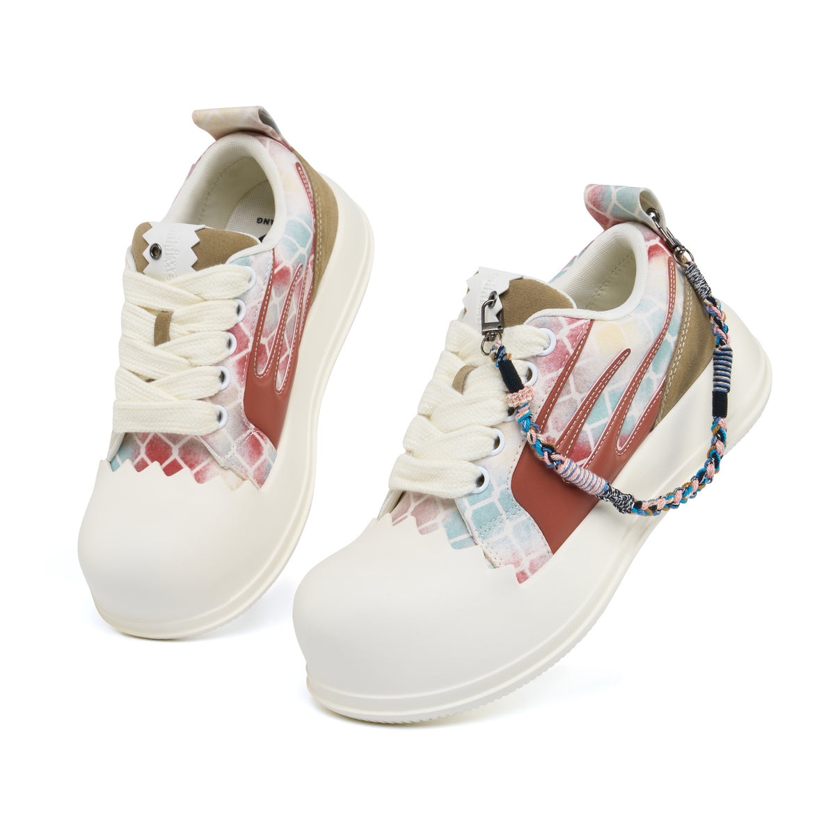 AstroPod Babyface Ray Wavy pair with pastel-patterned uppers, brown side accents and white soles, viewed from above at an angle.