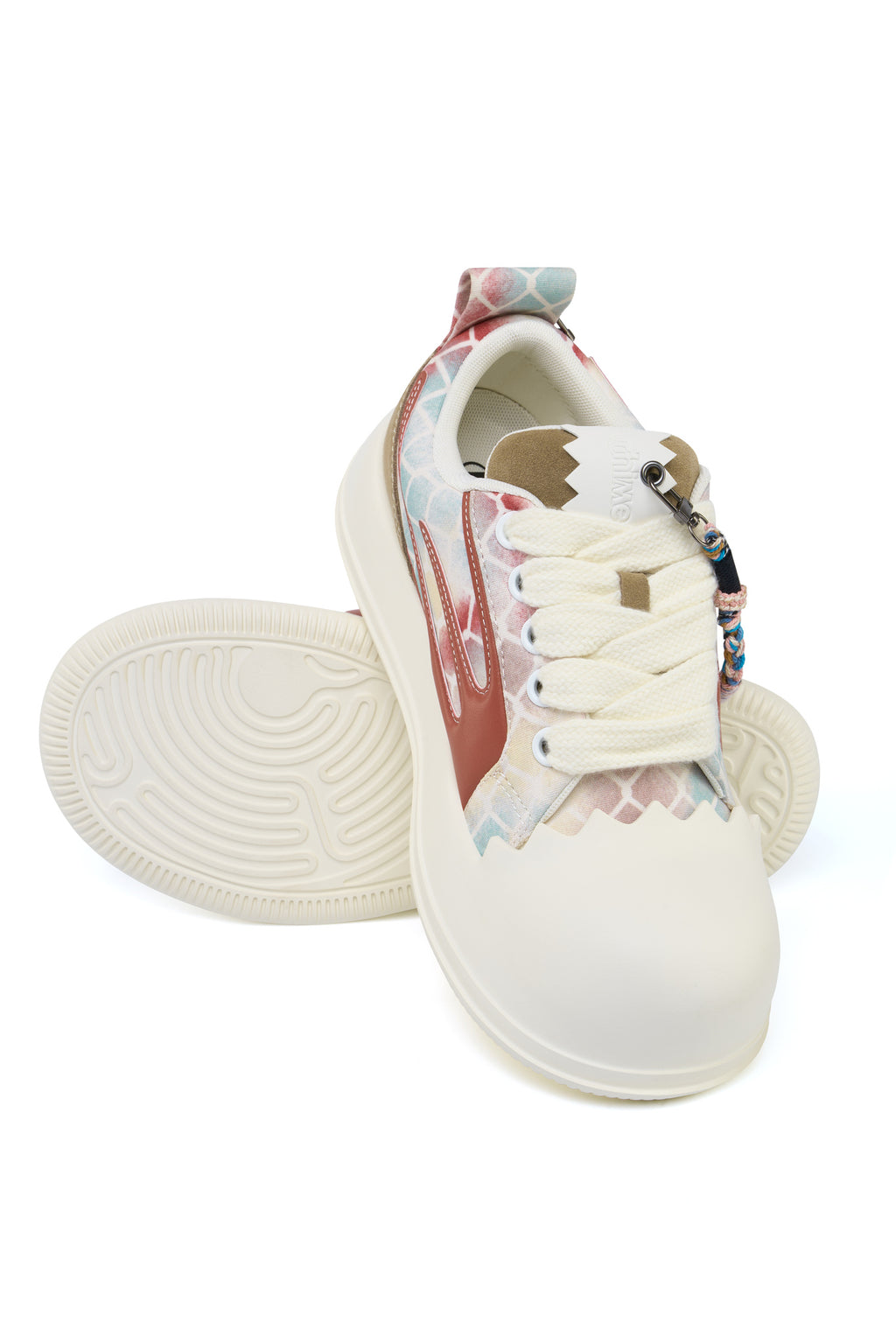 AstroPod Babyface Ray Wavy sneakers with pastel-patterned uppers, brown side accents and white soles, arranged to show the laces and grooved underside.