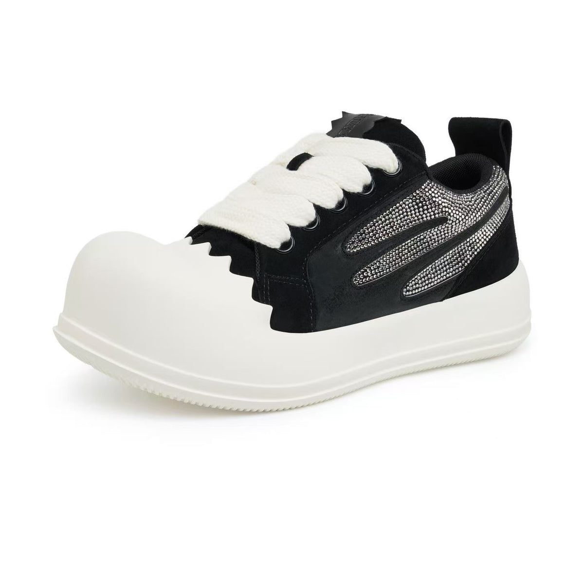 AstroPod Black Rhinestone Onyx sneaker with black uppers, silver-tone rhinestones and off-white soles, viewed from the front and outer side with the toe pointing left.