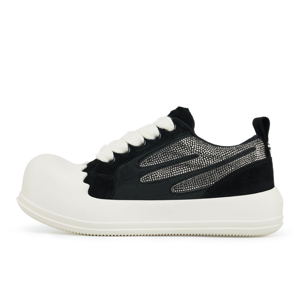 Outer side of the AstroPod Black Rhinestone Onyx sneaker with black uppers, silver-tone rhinestones and off-white soles.