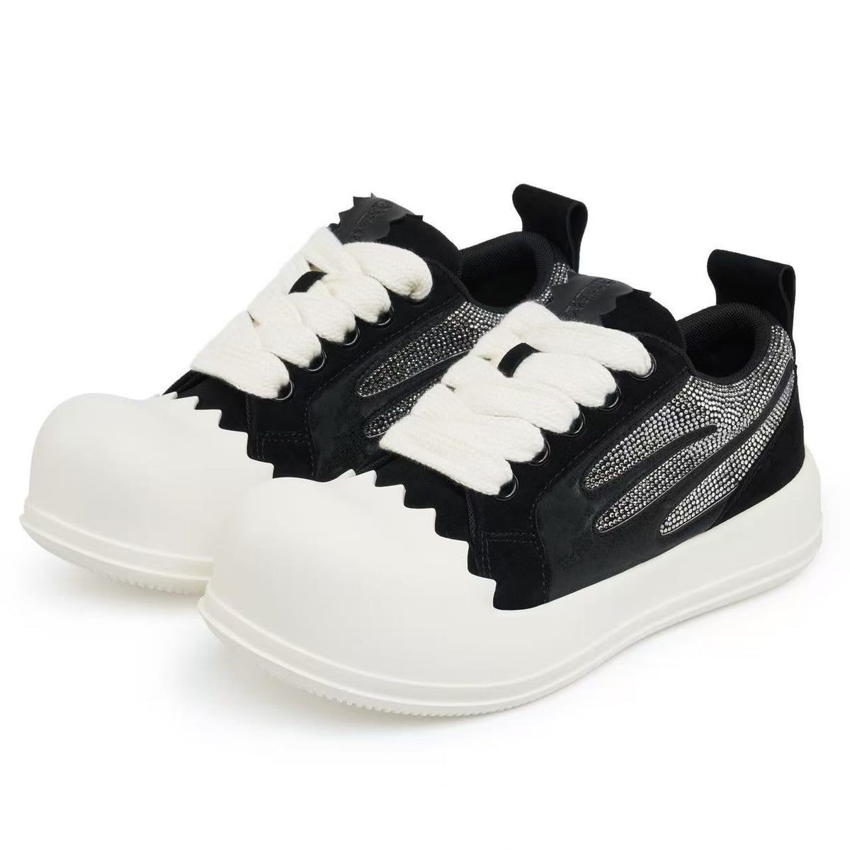 AstroPod Black Rhinestone Onyx pair with black uppers, silver-tone rhinestones and off-white soles, arranged at an angle to show the fronts and sides.