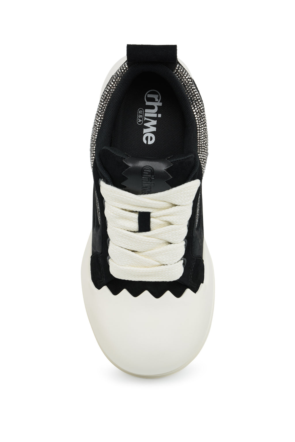 Black Rhinestone Onyx AstroPod sneaker viewed from above, showing the black upper and wide white laces.
