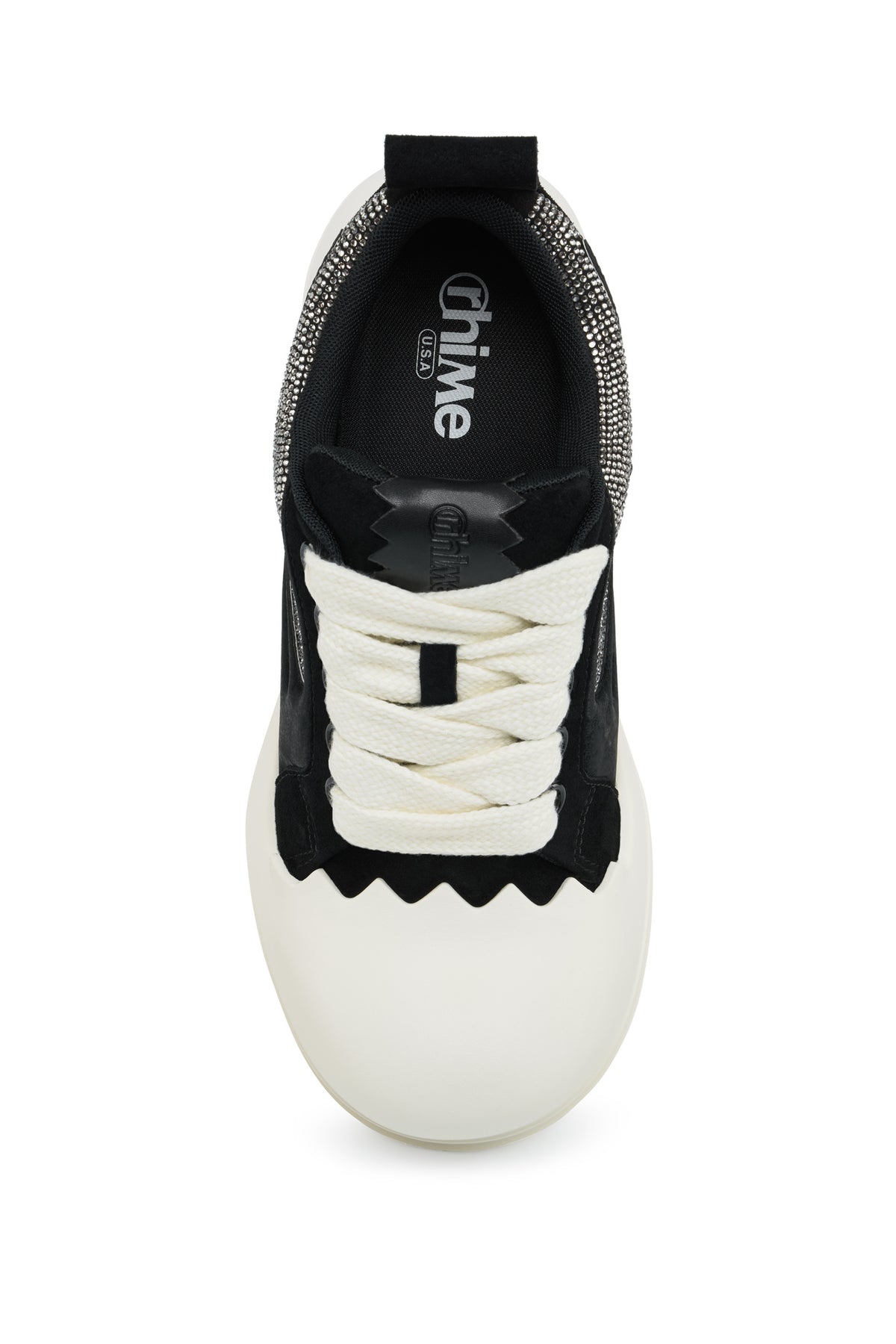 Black Rhinestone Onyx AstroPod sneaker viewed from above, showing the black upper and wide white laces.