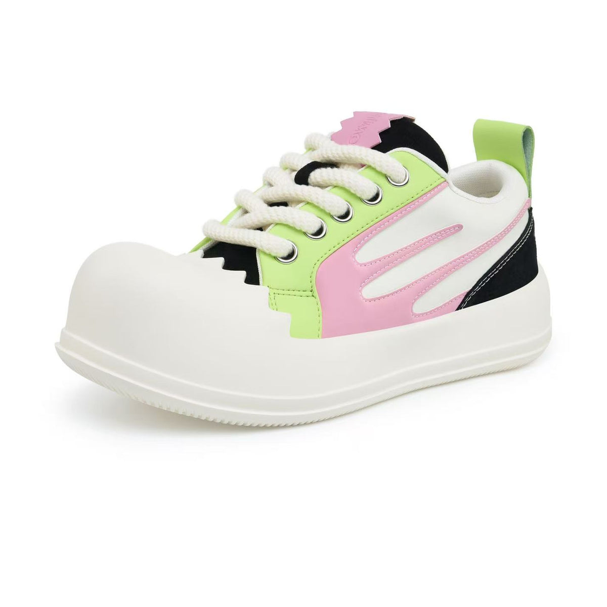 AstroPod Cosmic Bubble sneaker with lime green and pink panels, black accents and white soles, viewed from the front and outer side with the toe pointing left.