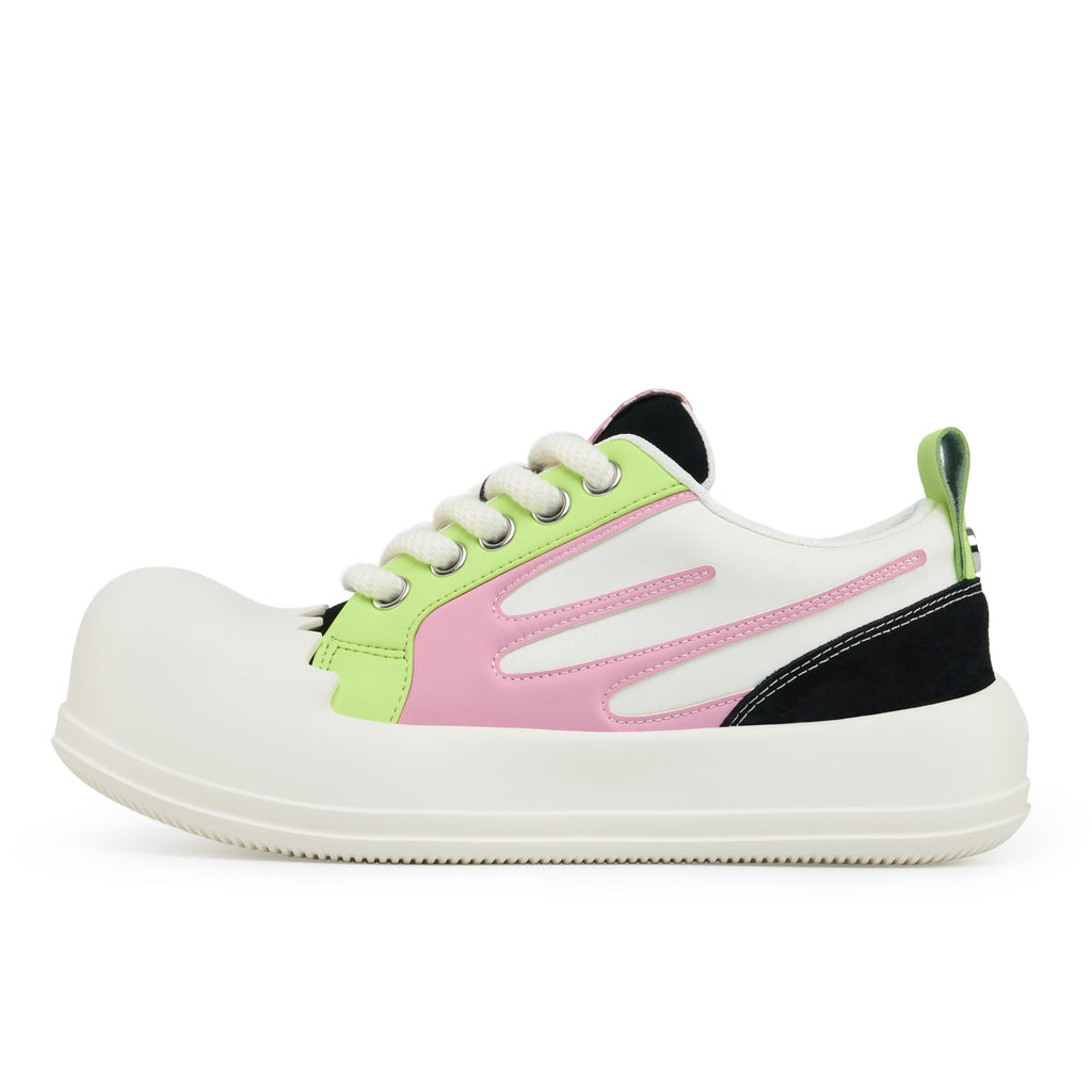 Outer side of the AstroPod Cosmic Bubble sneaker with lime green and pink panels, black accents and white soles.