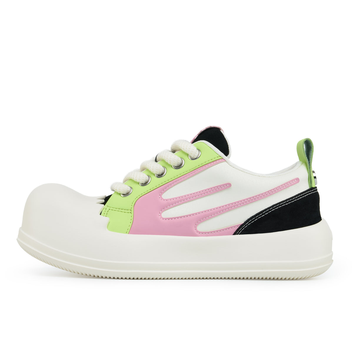 Outer side of the AstroPod Cosmic Bubble sneaker with lime green and pink panels, black accents and white soles.