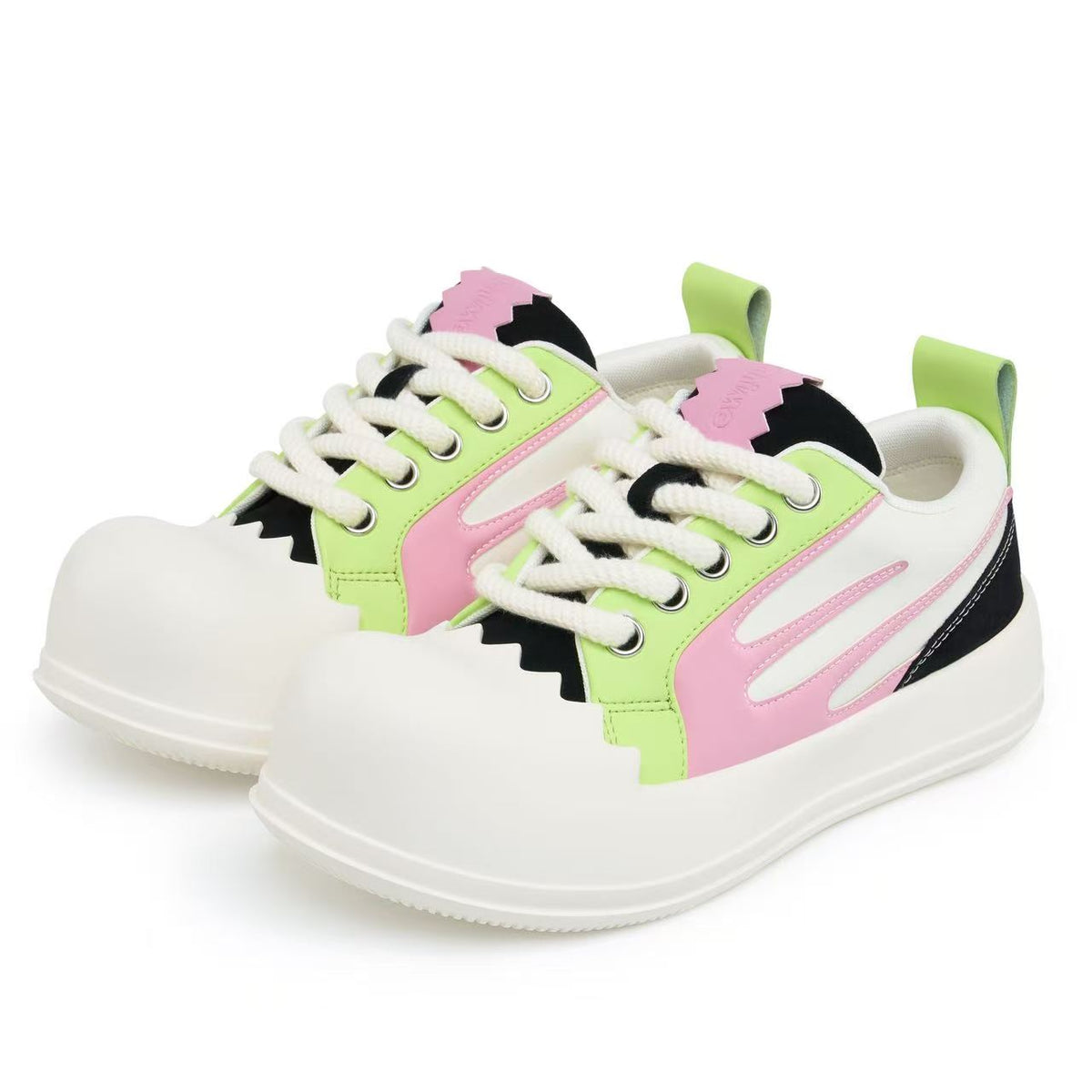 AstroPod Cosmic Bubble pair with lime green and pink panels, black accents and white soles, arranged at an angle to show the fronts and sides.