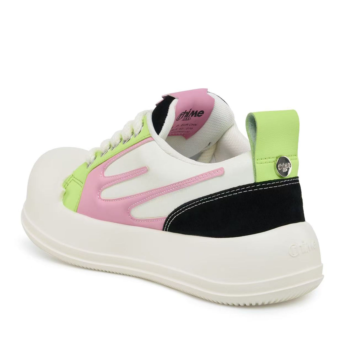 AstroPod Cosmic Bubble sneaker with lime green and pink panels, black accents and white soles, viewed at an angle from the heel and side.