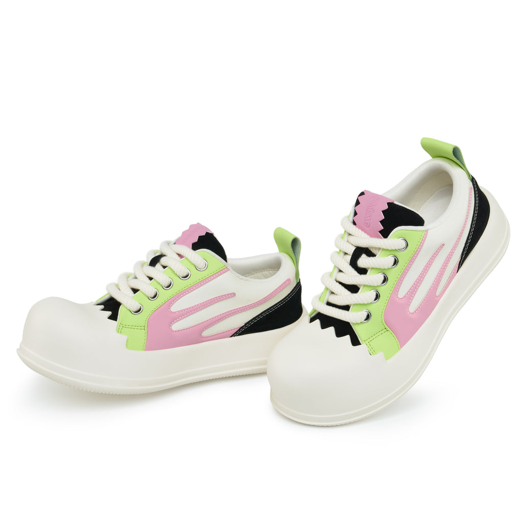 AstroPod Cosmic Bubble pair with lime green and pink panels, black accents and white soles, arranged at an angle to show the fronts and sides.