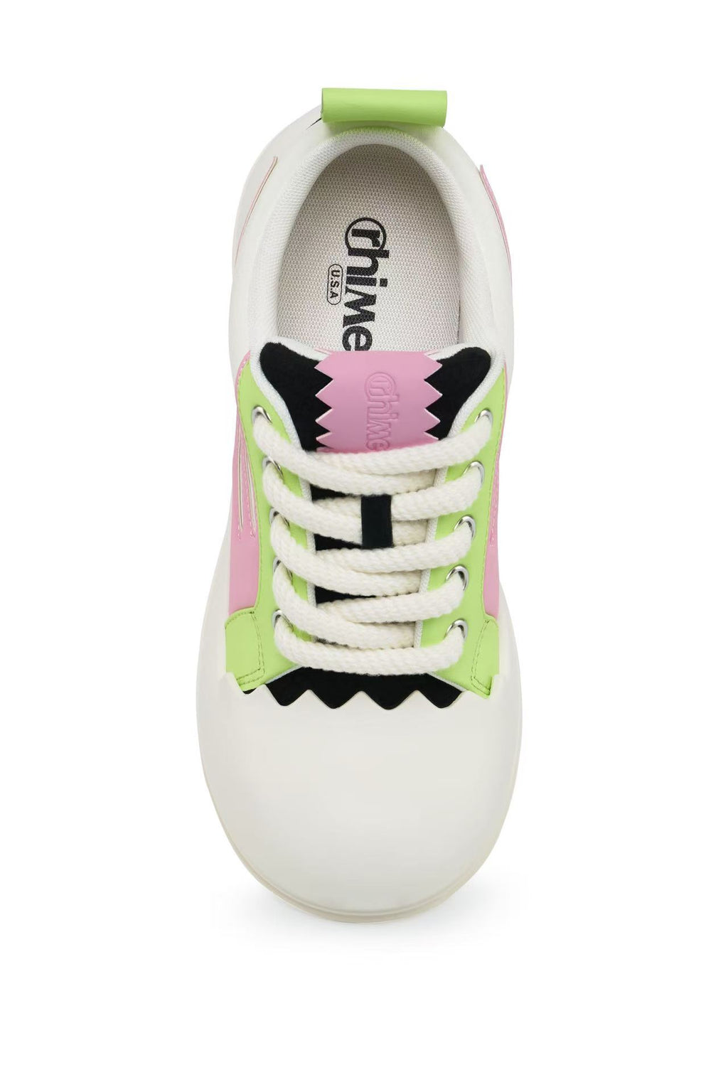 Cosmic Bubble AstroPod sneaker viewed from above, showing the lime green and pink panels and white laces.