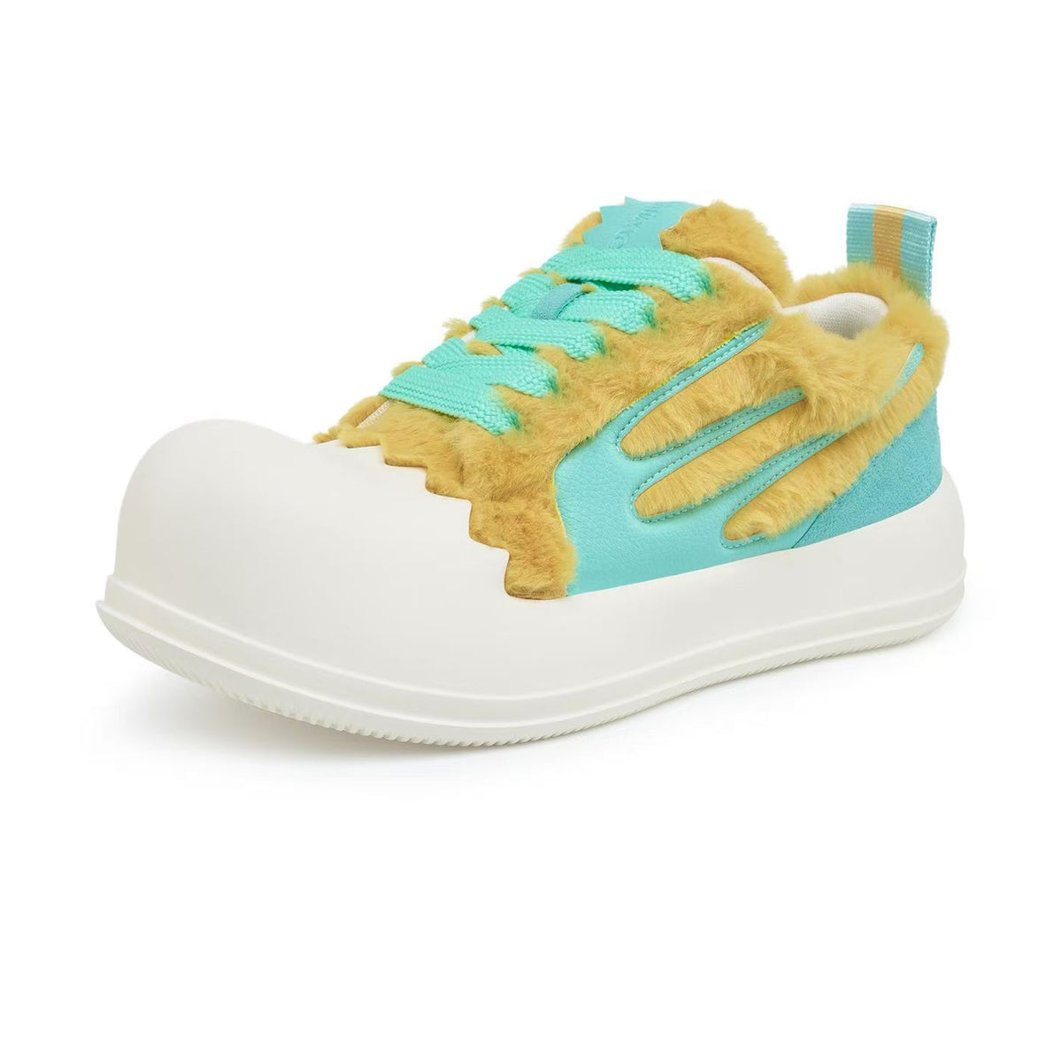 AstroPod DeJ Loaf Yellow World sneaker with fluffy yellow uppers, turquoise accents and white soles, viewed from the front and outer side with the toe pointing left.