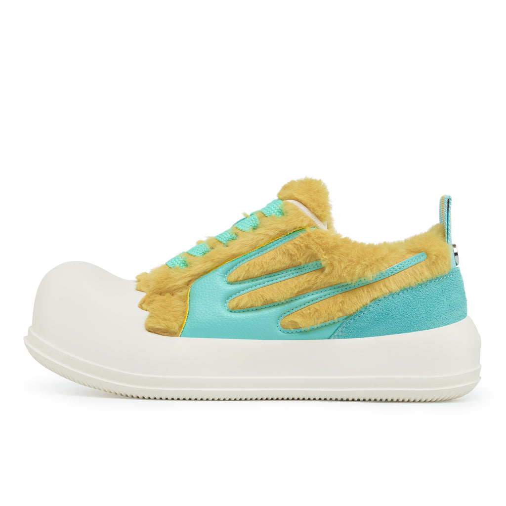 Outer side of the AstroPod DeJ Loaf Yellow World sneaker with fluffy yellow uppers, turquoise accents and white soles.