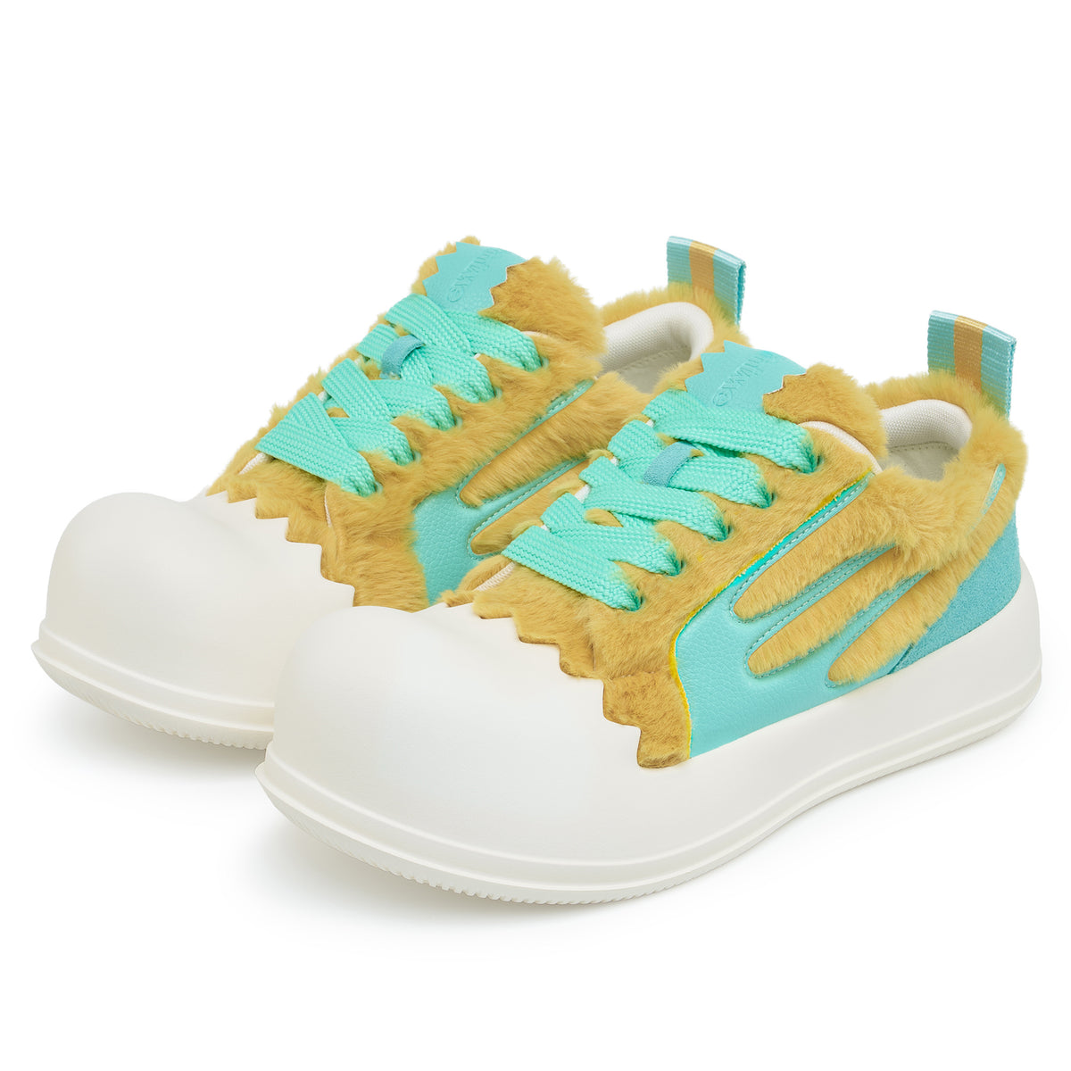 AstroPod DeJ Loaf Yellow World pair with fluffy yellow uppers, turquoise accents and white soles, arranged at an angle to show the fronts and sides.