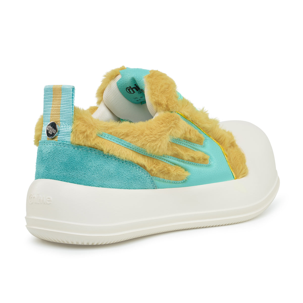 AstroPod DeJ Loaf Yellow World sneaker with fluffy yellow uppers, turquoise accents and white soles, viewed at an angle from the heel and side.