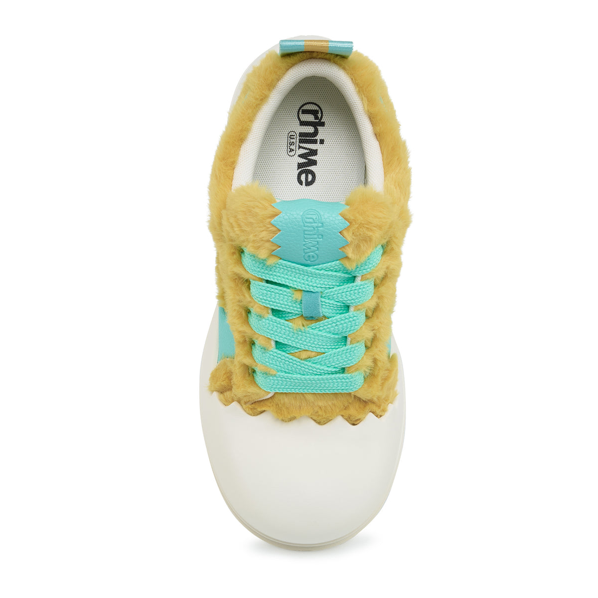 DeJ Loaf - Yellow World AstroPod sneaker viewed from above, showing the fluffy yellow upper and turquoise laces.