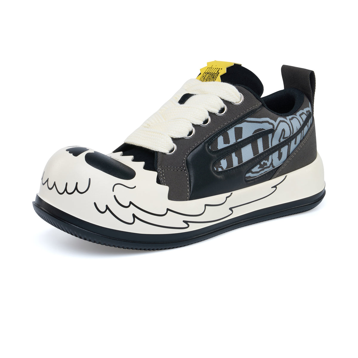 AstroPod Glo Gang sneaker with gray-and-black graphics, white laces and printed light-colored sidewalls, viewed from the front and outer side with the toe pointing left.
