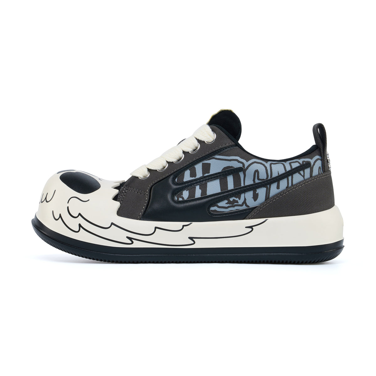 Outer side of the AstroPod Glo Gang sneaker with gray-and-black graphics, white laces and printed light-colored sidewalls.