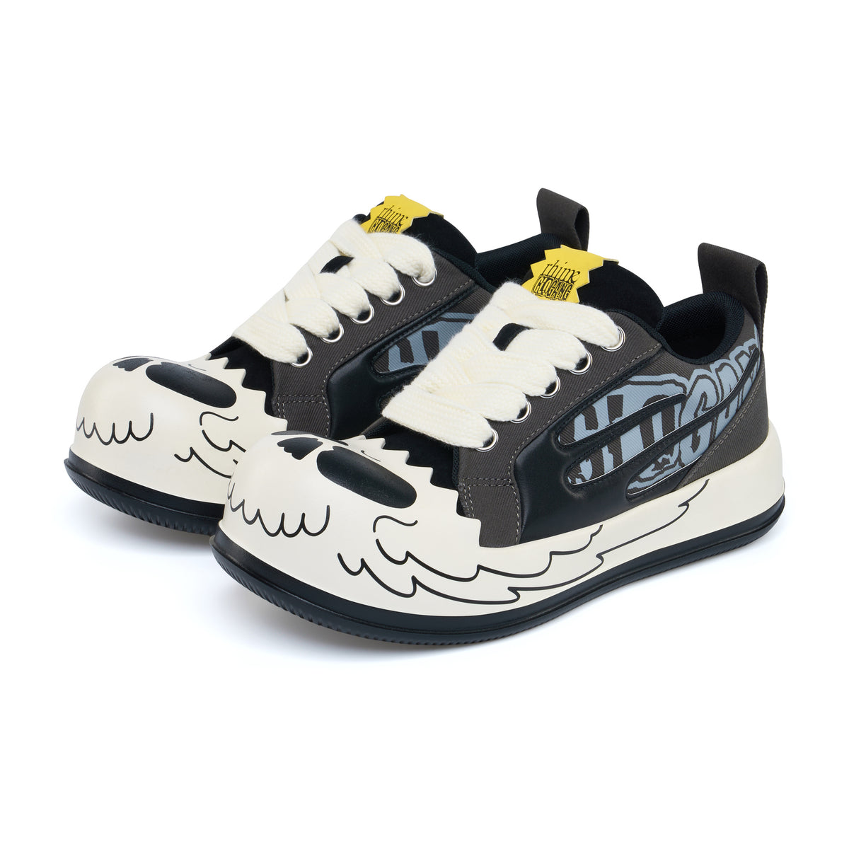AstroPod Glo Gang pair with gray-and-black graphics, white laces and printed light-colored sidewalls, arranged at an angle to show the fronts and sides.