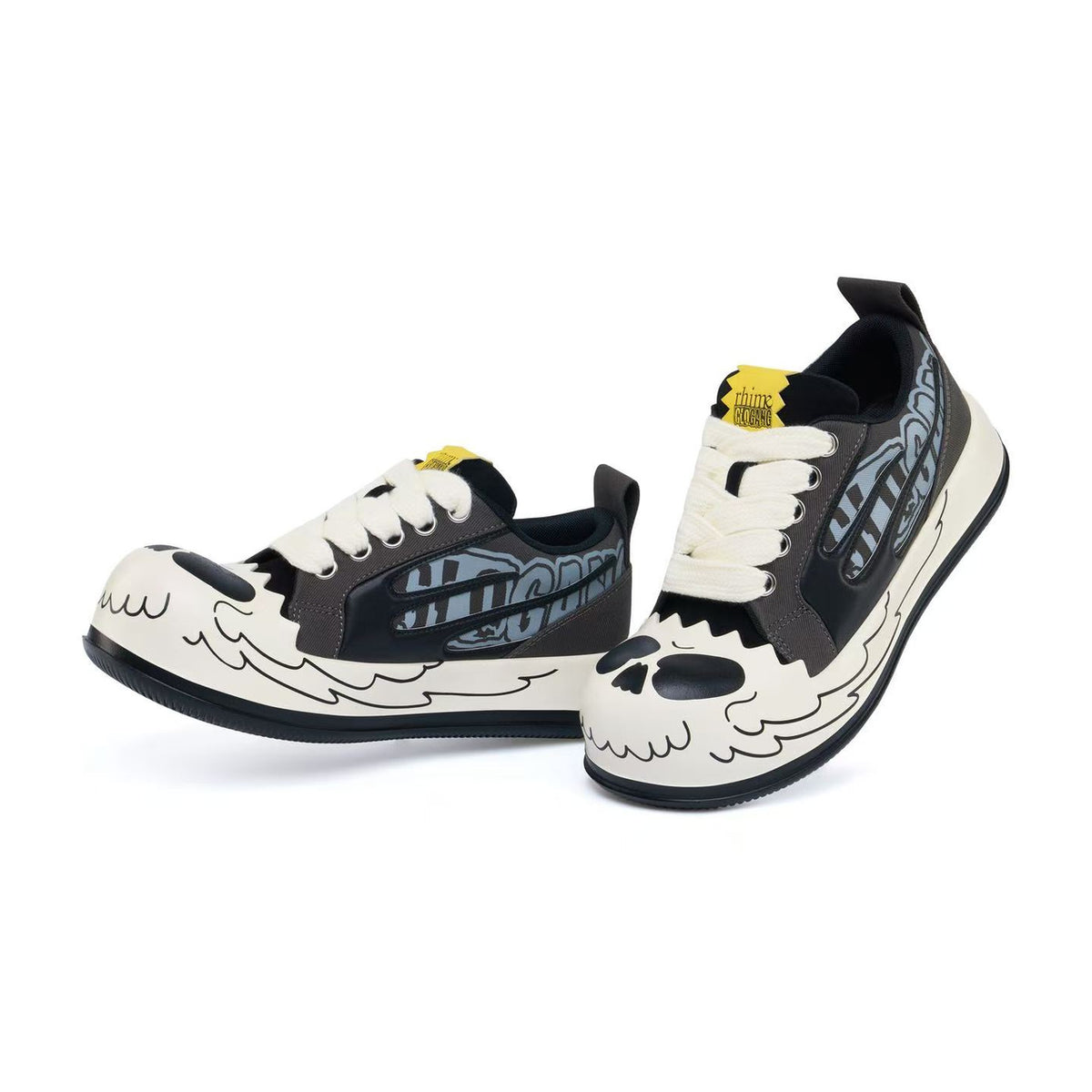 AstroPod Glo Gang pair with gray-and-black graphics, white laces and printed light-colored sidewalls, arranged at an angle to show the fronts and sides.