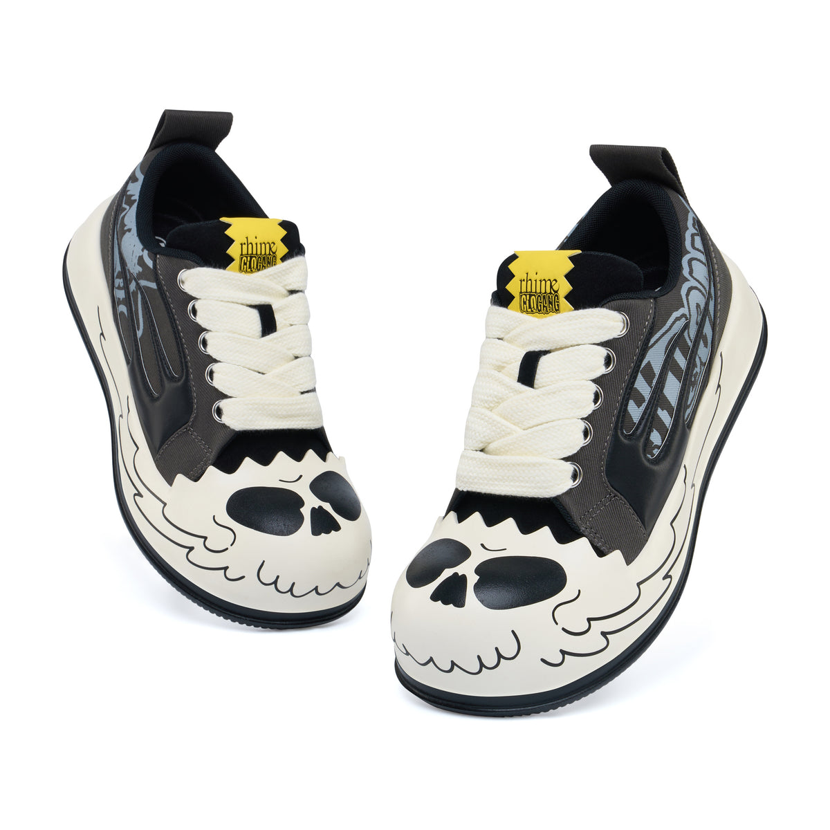 AstroPod Glo Gang pair with gray-and-black graphics, white laces and printed light-colored sidewalls, viewed from above at an angle.