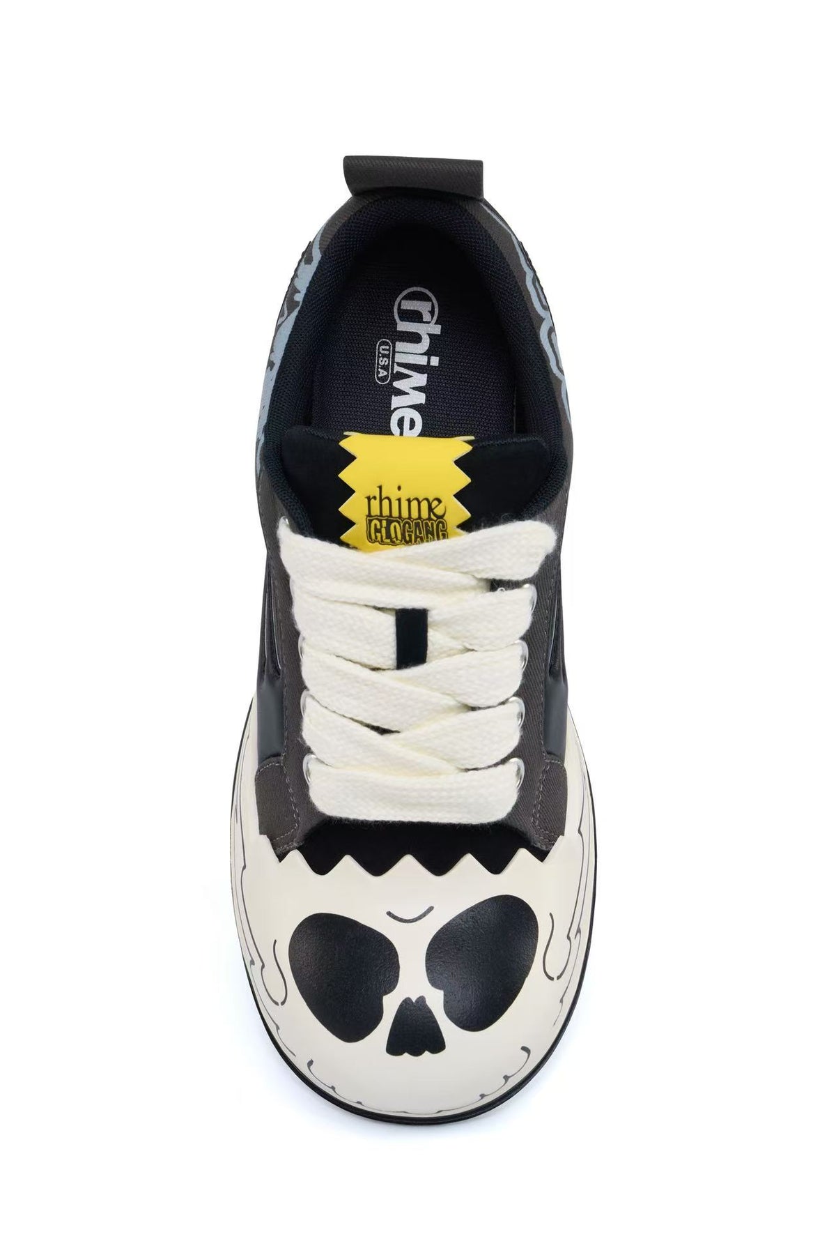 Glo Gang AstroPod sneaker viewed from above, showing the black-and-gray upper, white laces and printed toe.