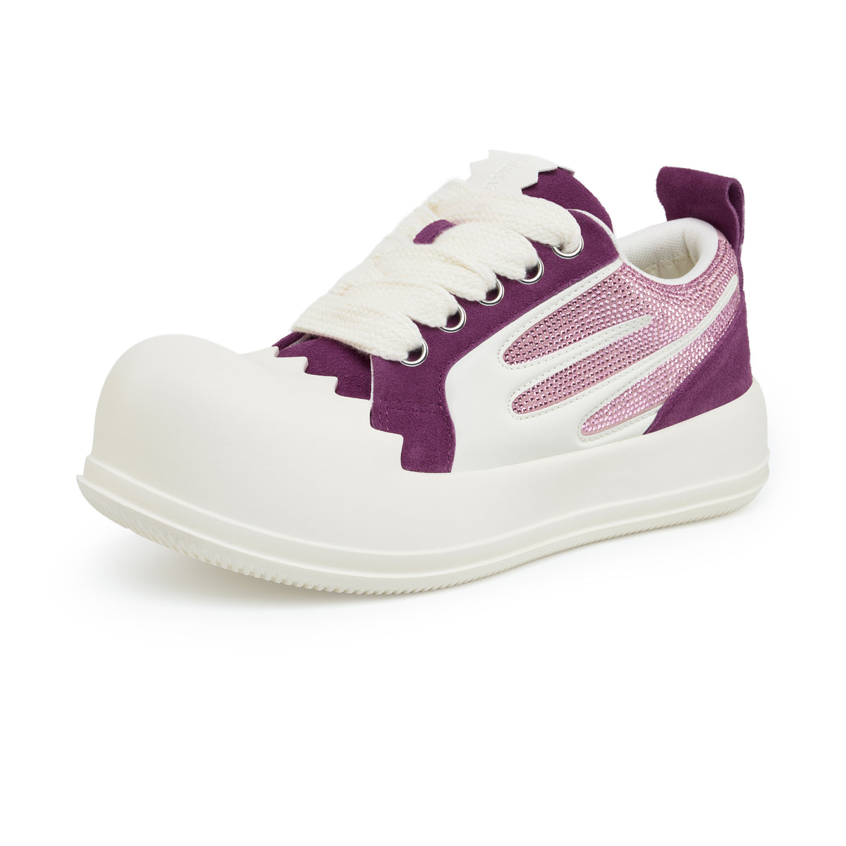 AstroPod Purple Rhinestone Amethyst sneaker with purple uppers, pink-toned rhinestones and off-white soles, viewed from the front and outer side with the toe pointing left.