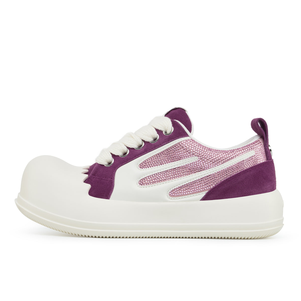 Outer side of the AstroPod Purple Rhinestone Amethyst sneaker with purple uppers, pink-toned rhinestones and off-white soles.