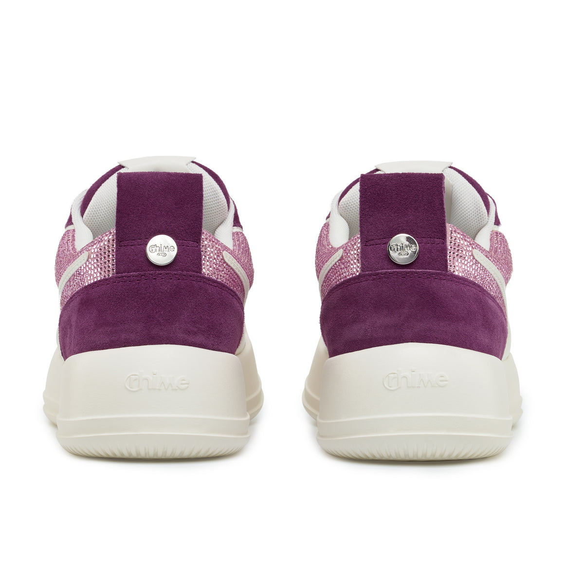 Purple Rhinestone Amethyst AstroPod pair seen from behind, with purple heels, pink-toned trim and off-white soles.