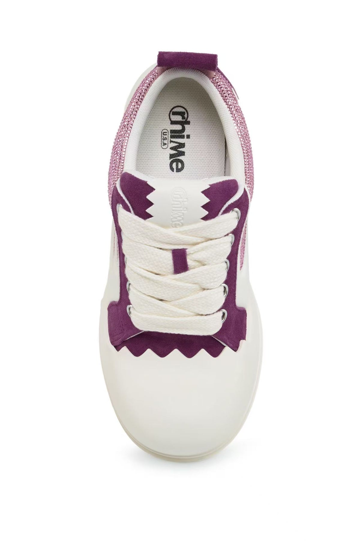 Purple Rhinestone Amethyst AstroPod sneaker viewed from above, showing the purple upper and wide white laces.